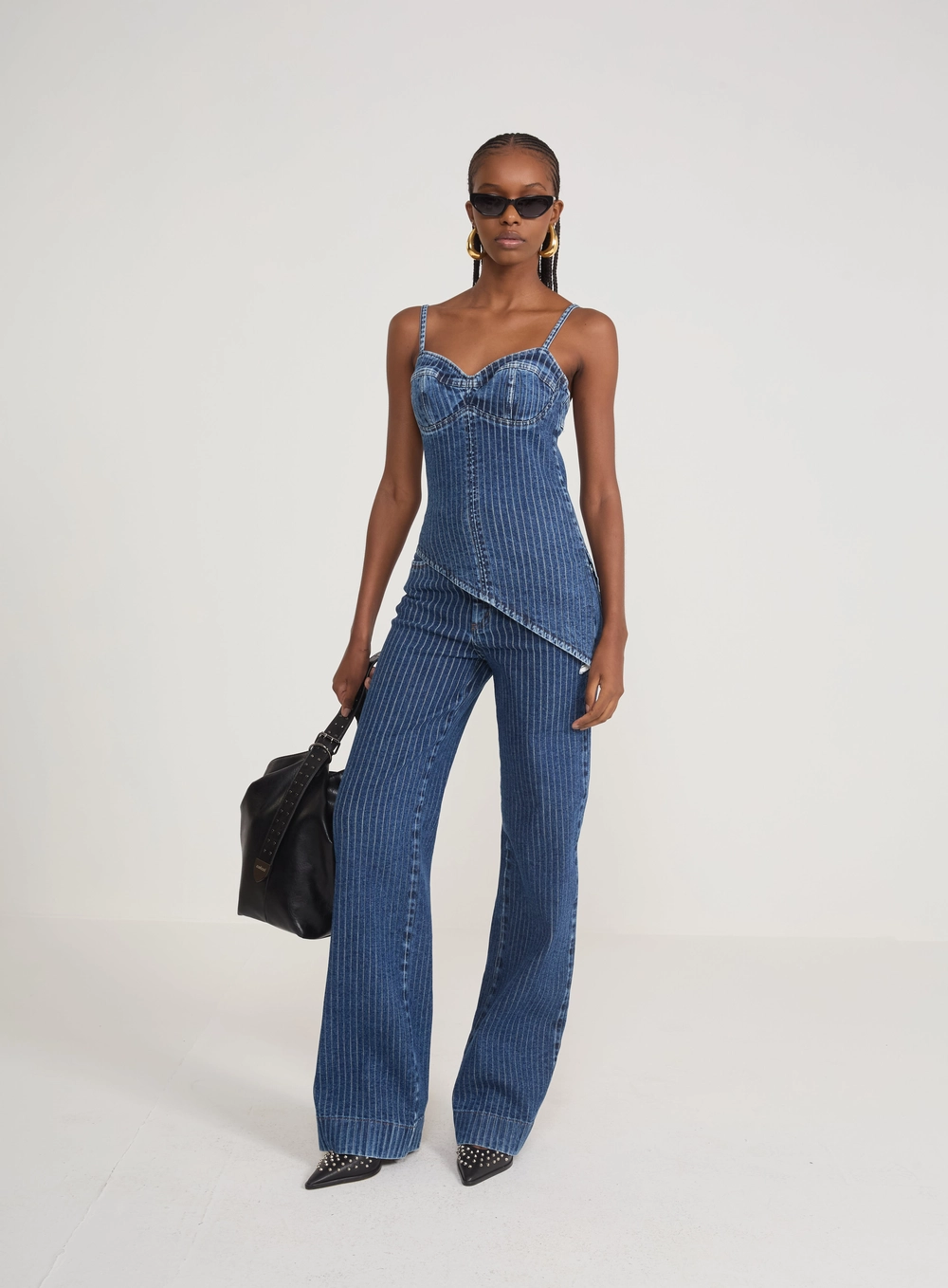 Blusa Jeans Estruturada Assimétrica Risca De Giz Índigo