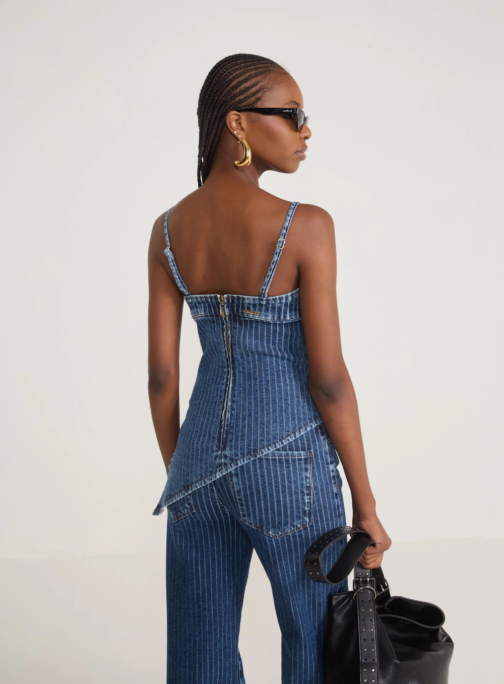 Blusa Jeans Estruturada Assimétrica Risca De Giz Índigo