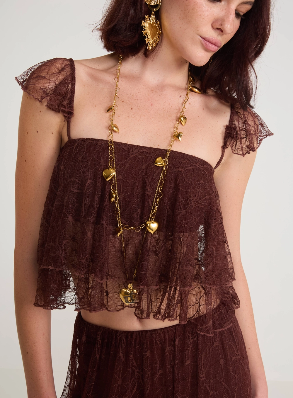 Blusa Cropped Renda Babados Marrom
