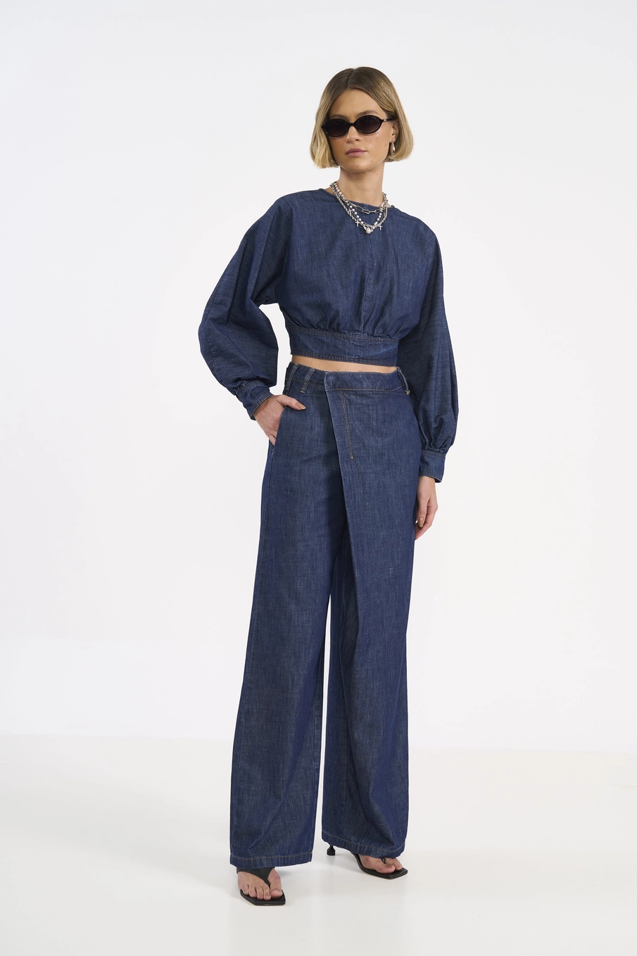 Blusa Jeans Cropped Manga Longa Índigo