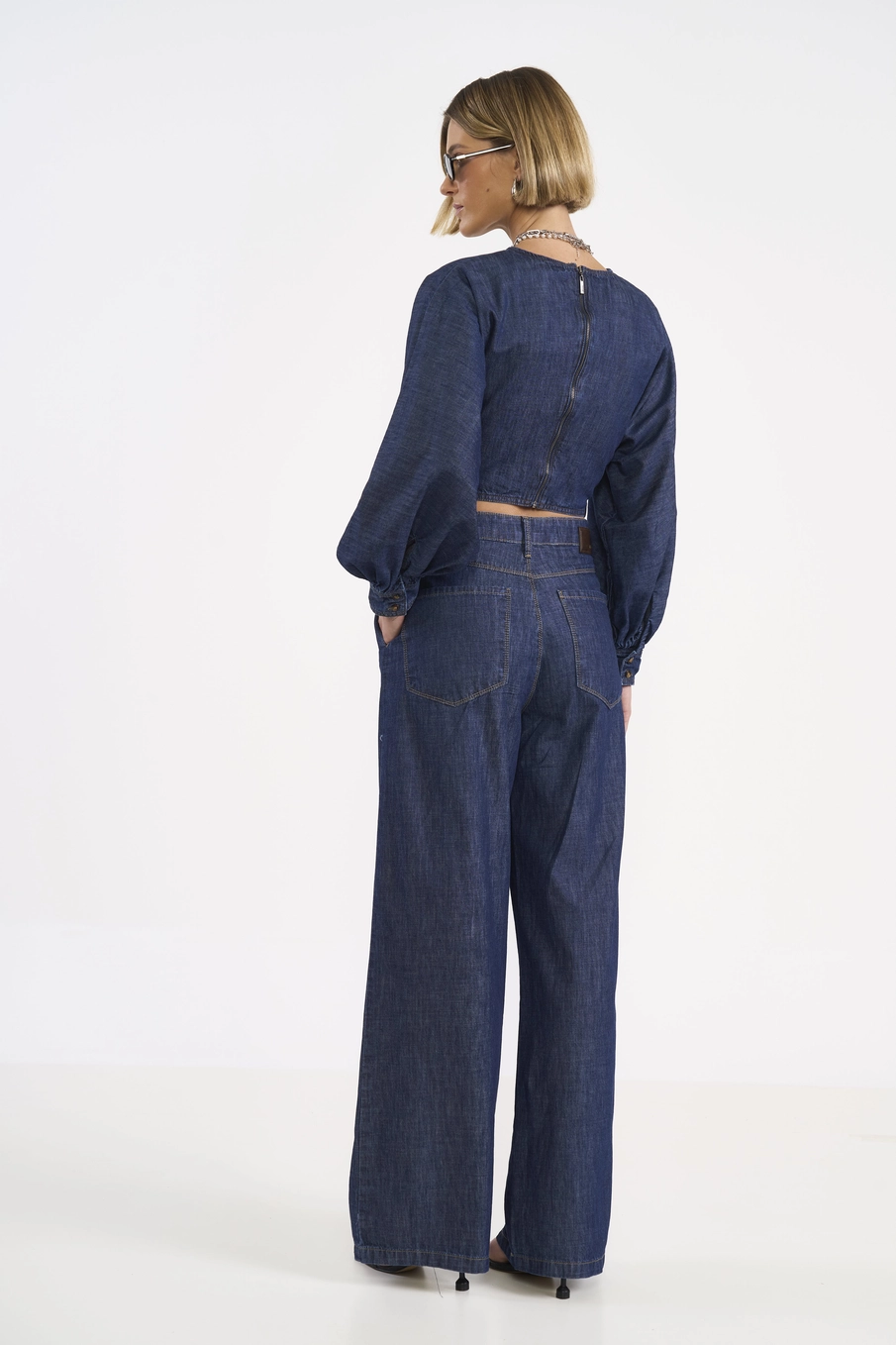 Blusa Jeans Cropped Manga Longa Índigo