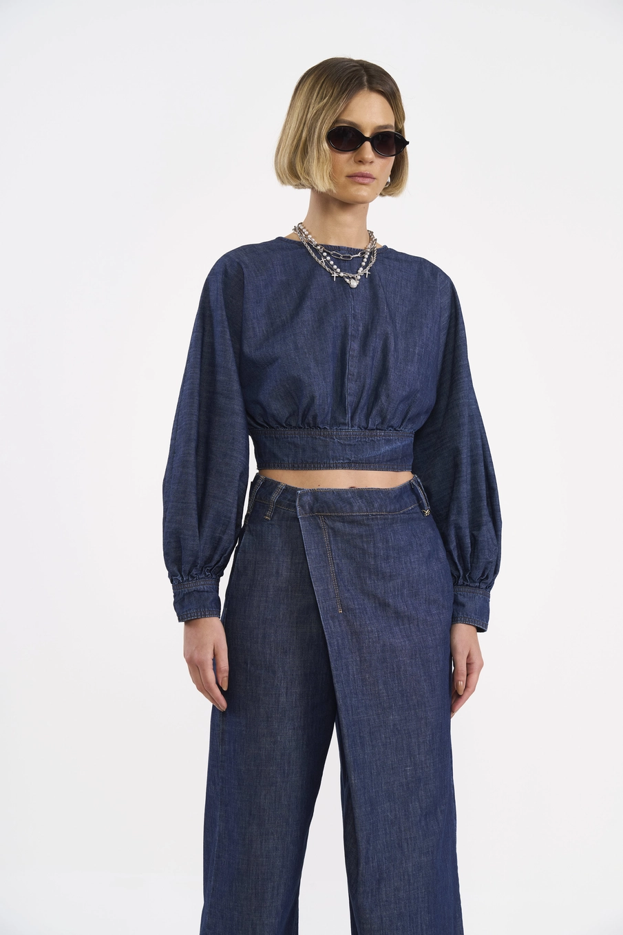 Blusa Jeans Cropped Manga Longa Índigo