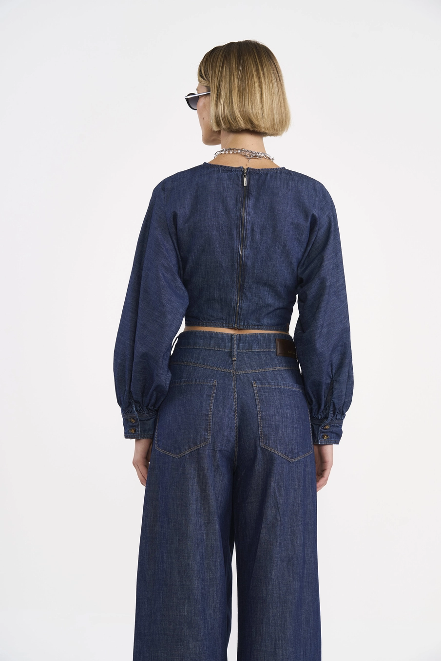 Blusa Jeans Cropped Manga Longa Índigo