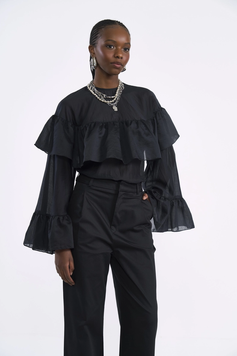 Blusa Em Liocel Com Babados Manga Longa