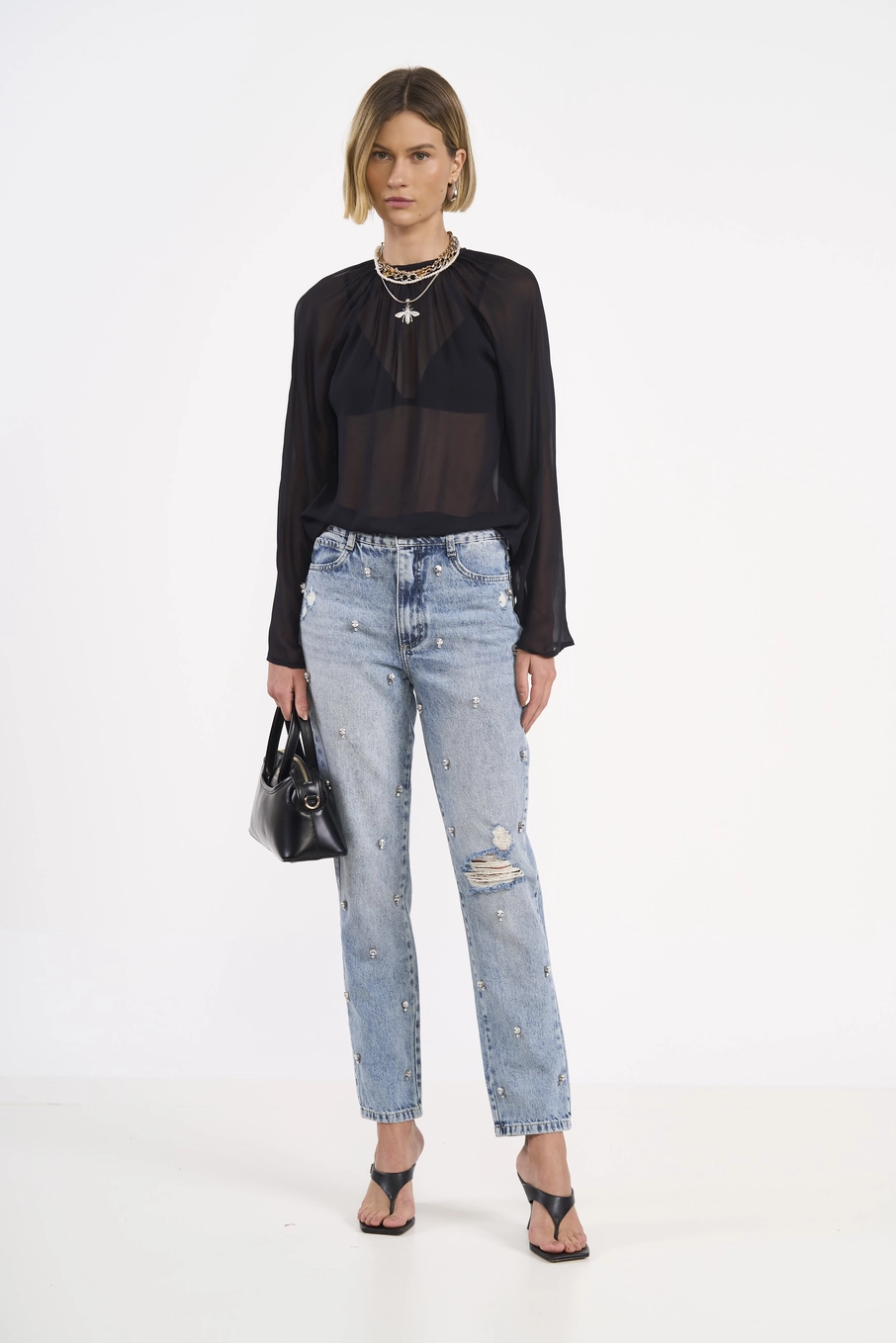 Blusa Fluida Manga Longa Com Transparência Preto