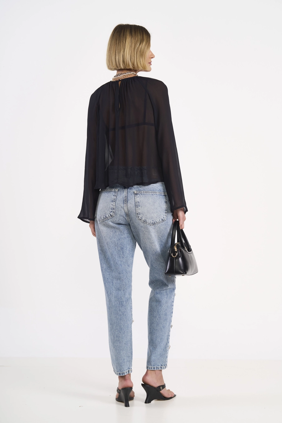 Blusa Fluida Manga Longa Com Transparência Preto
