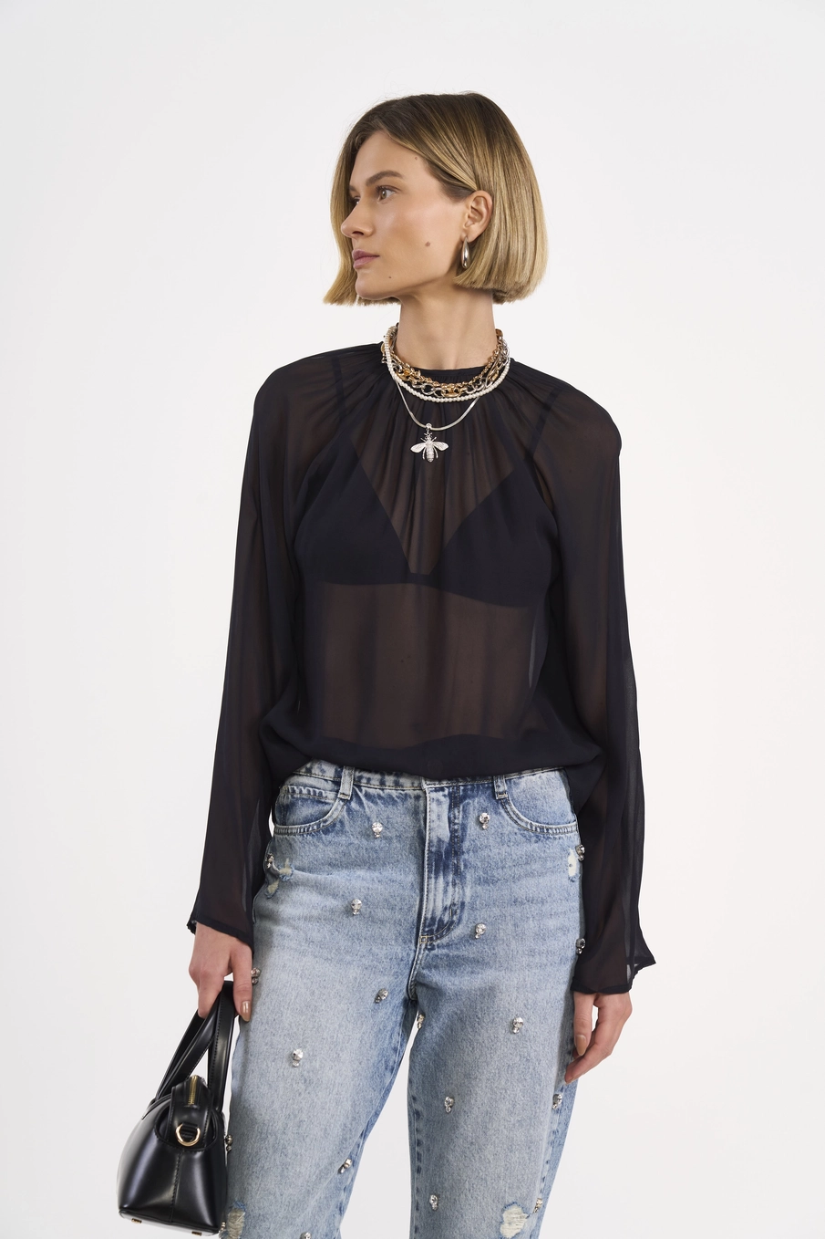 Blusa Fluida Manga Longa Com Transparência Preto