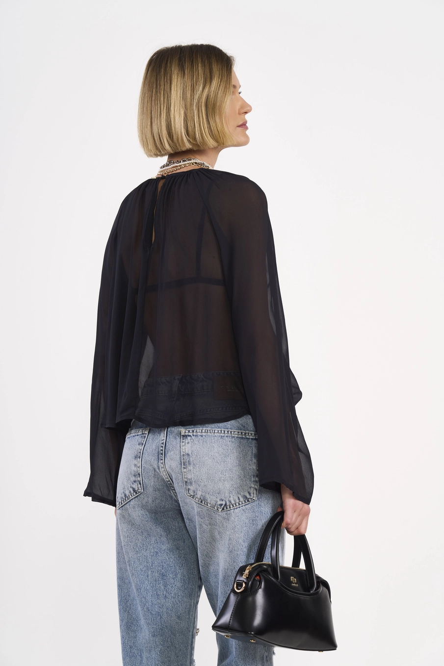Blusa Fluida Manga Longa Com Transparência Preto