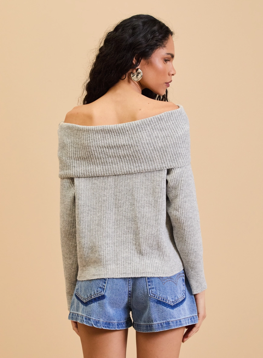 Blusão Tricô Feminino Ombro A Ombro Cinza