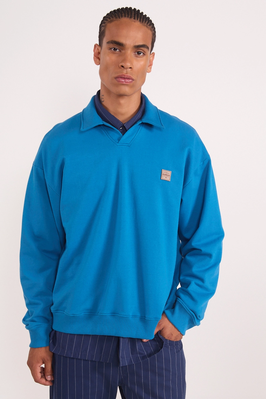 Blusão De Moletom Com Gola Polo Azul
