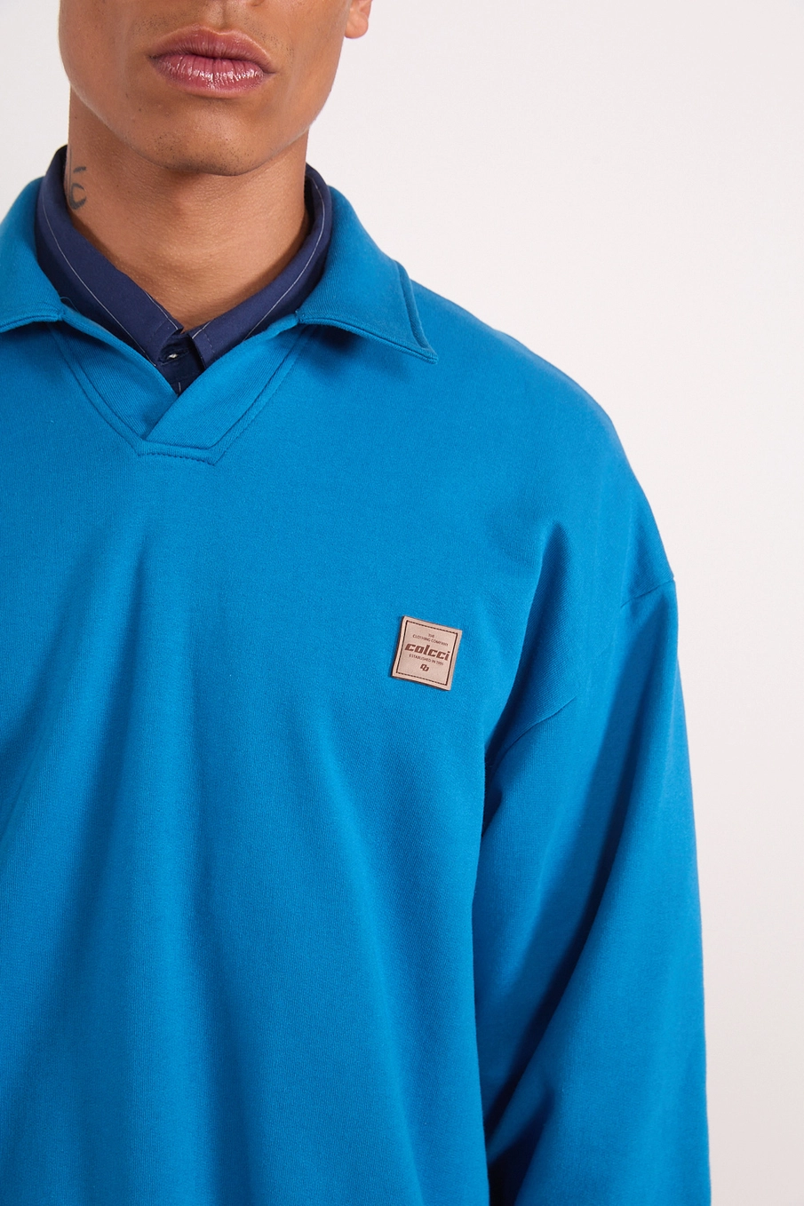 Blusão De Moletom Com Gola Polo Azul