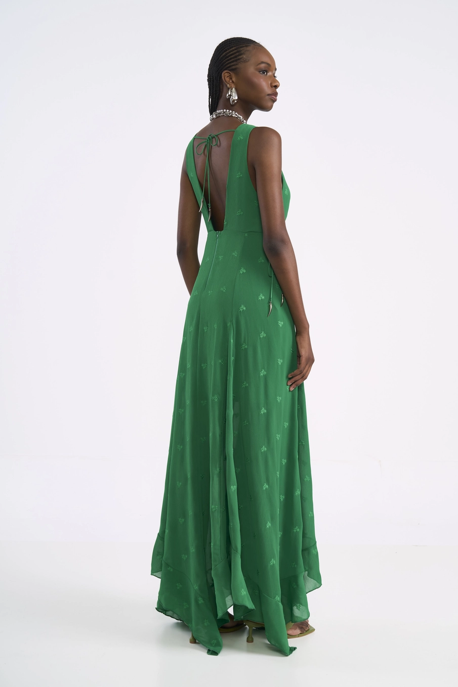 Vestido Longo Com Bordado E Barra Assimétrica Verde Vanity
