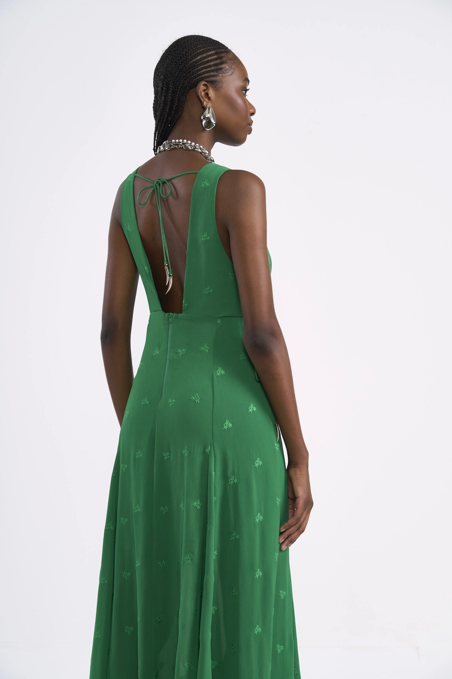 Vestido Longo Com Bordado E Barra Assimétrica Verde Vanity