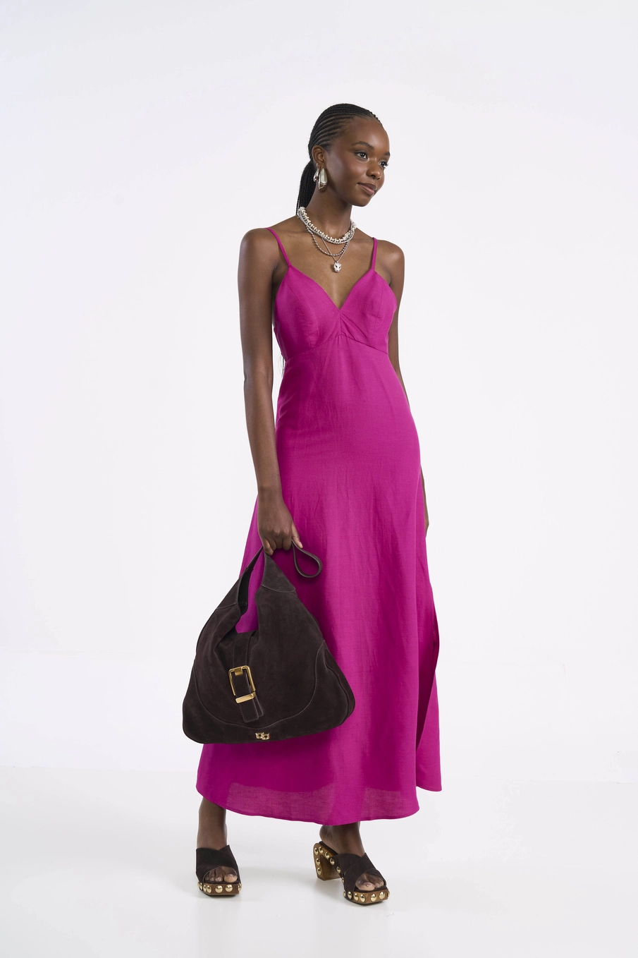 Vestido Longo Em Viscose E Linho Com Fenda Rosa