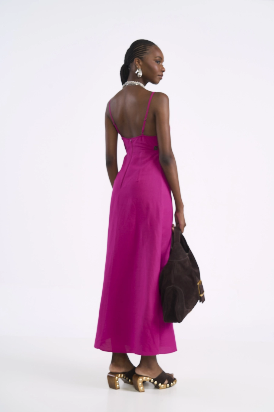 Vestido Longo Em Viscose E Linho Com Fenda Rosa