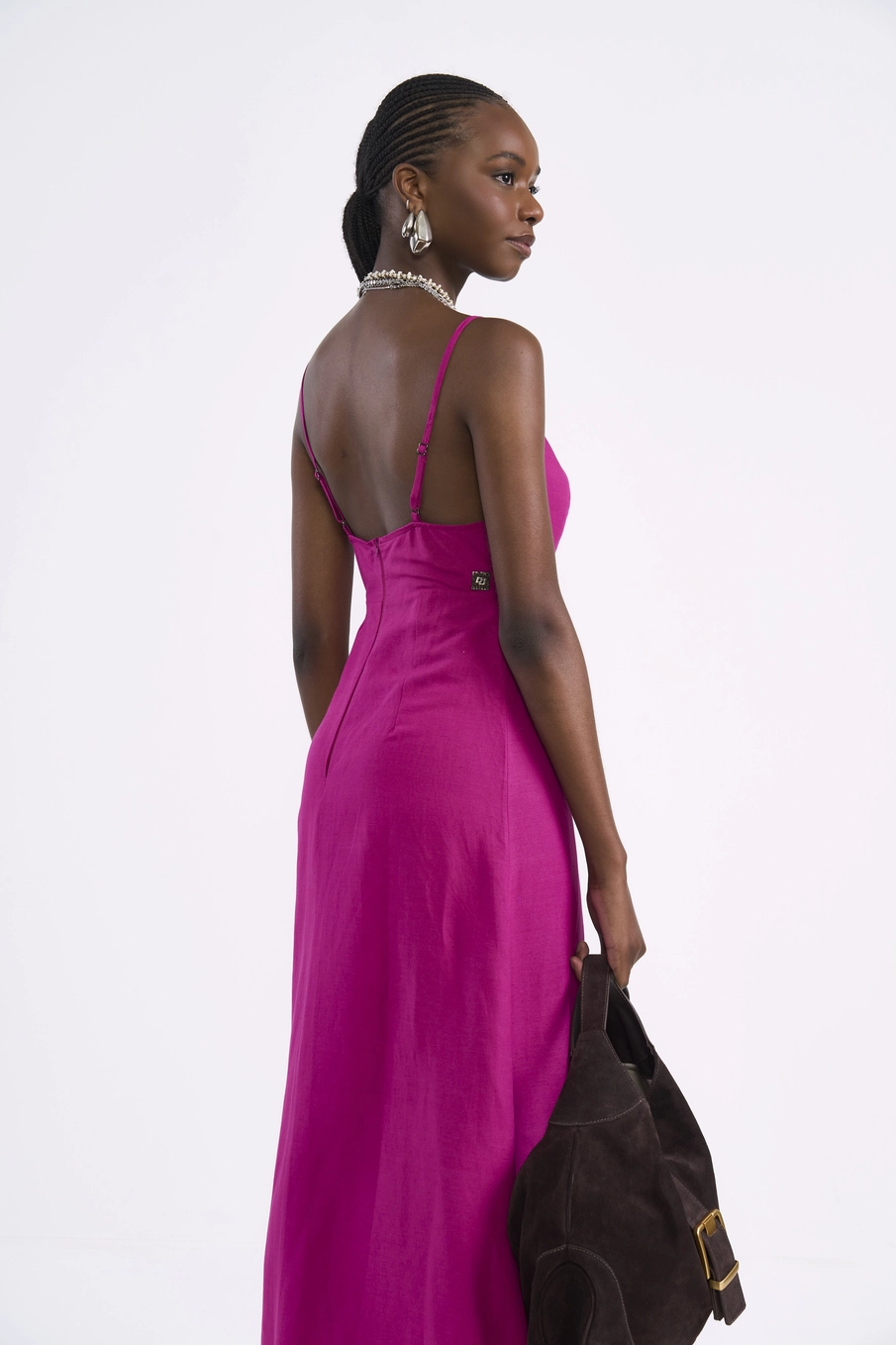Vestido Longo Em Viscose E Linho Com Fenda Rosa