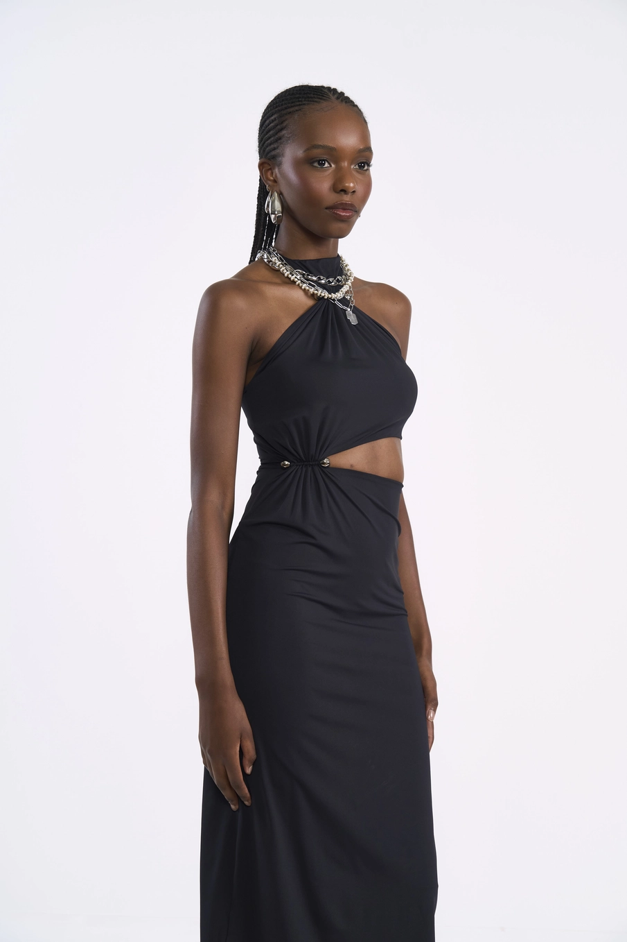 Vestido Midi Justado Com Recorte Vazado Preto