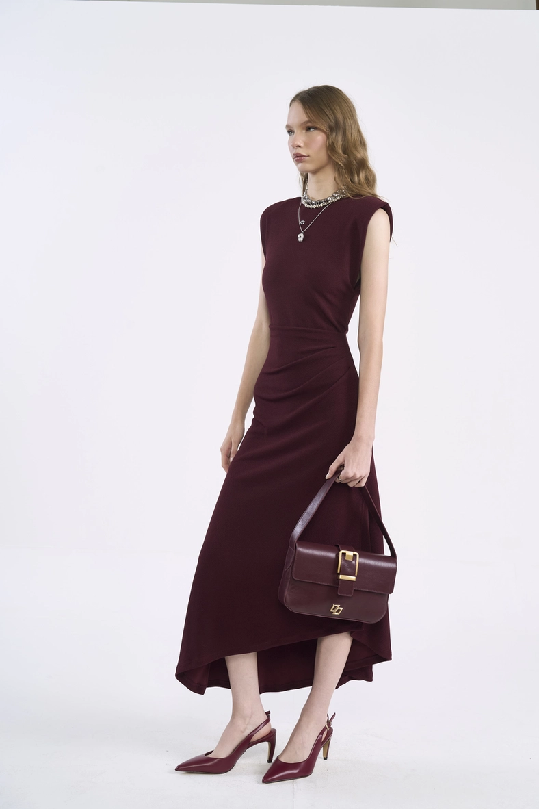 Vestido Midi Drapeado Com Decote Redondo