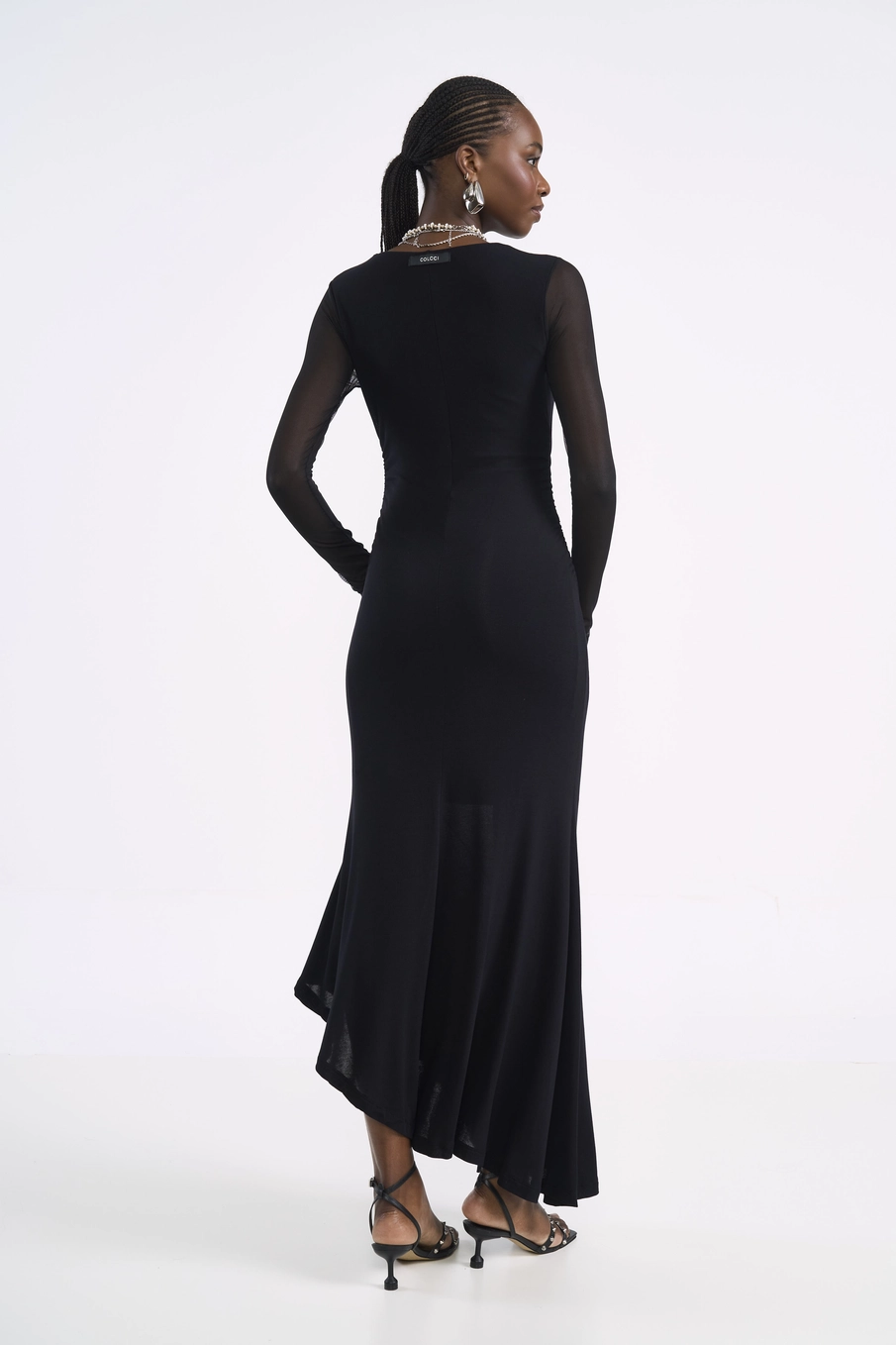 Vestido Midi Evase Manga Longa Preto