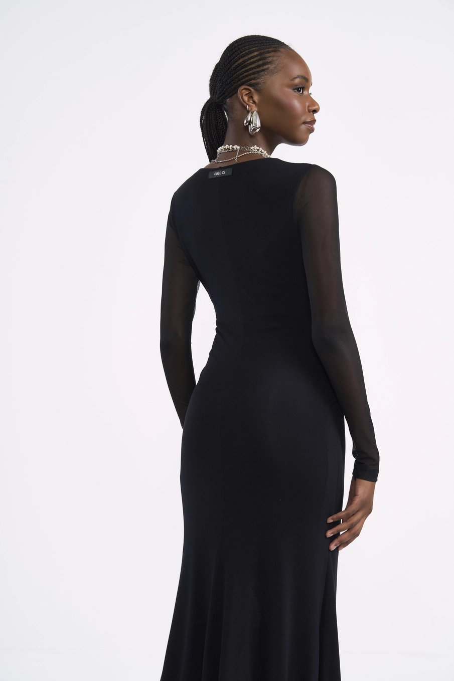 Vestido Midi Evase Manga Longa Preto