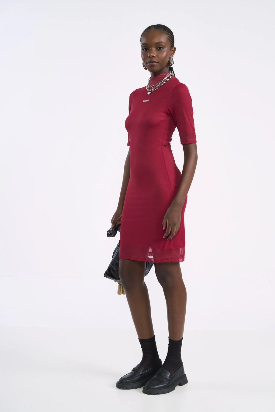 Vestido Tule Midi Justo Com Gola Alta Vermelho