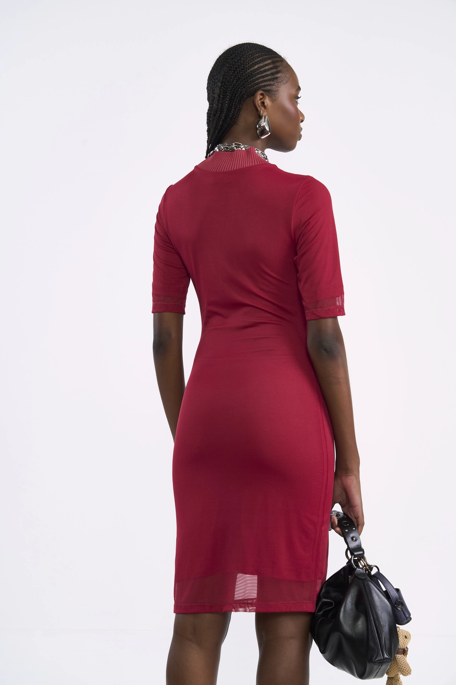 Vestido Tule Midi Justo Com Gola Alta Vermelho