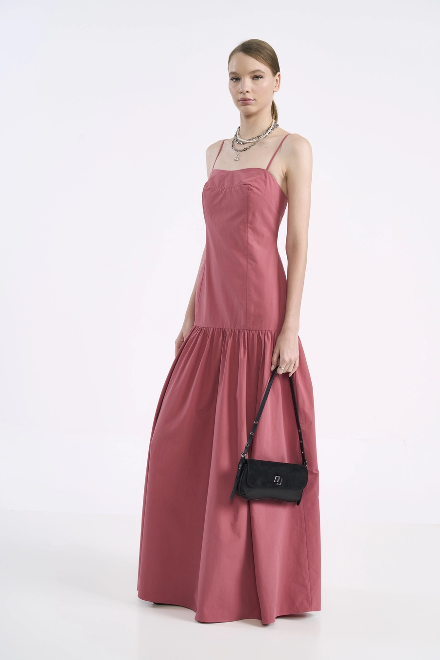 Vestido Longo Com Saia Ampla Rosa