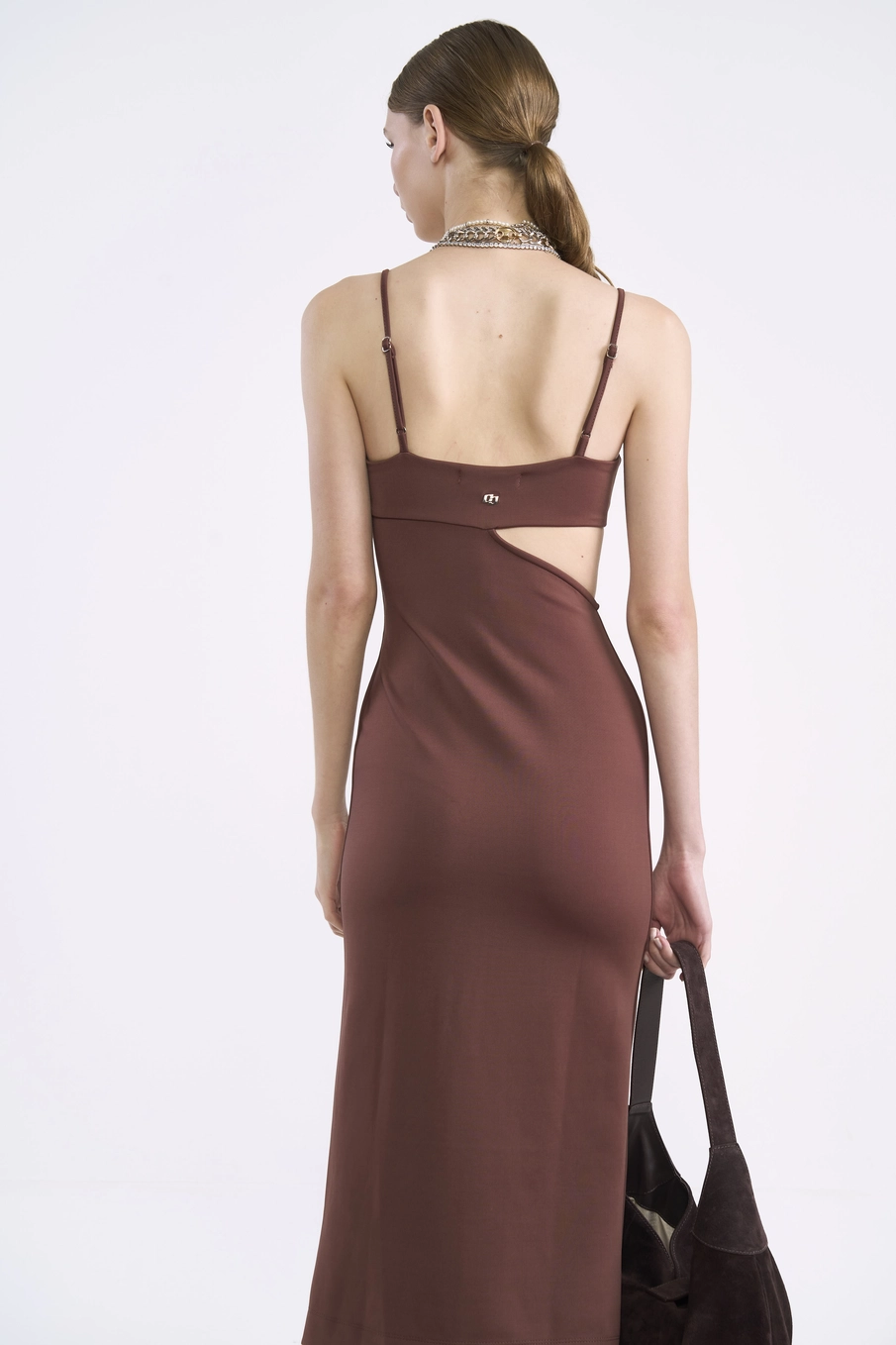 Vestido Midi Com Recorte Vazado E Fenda Marrom