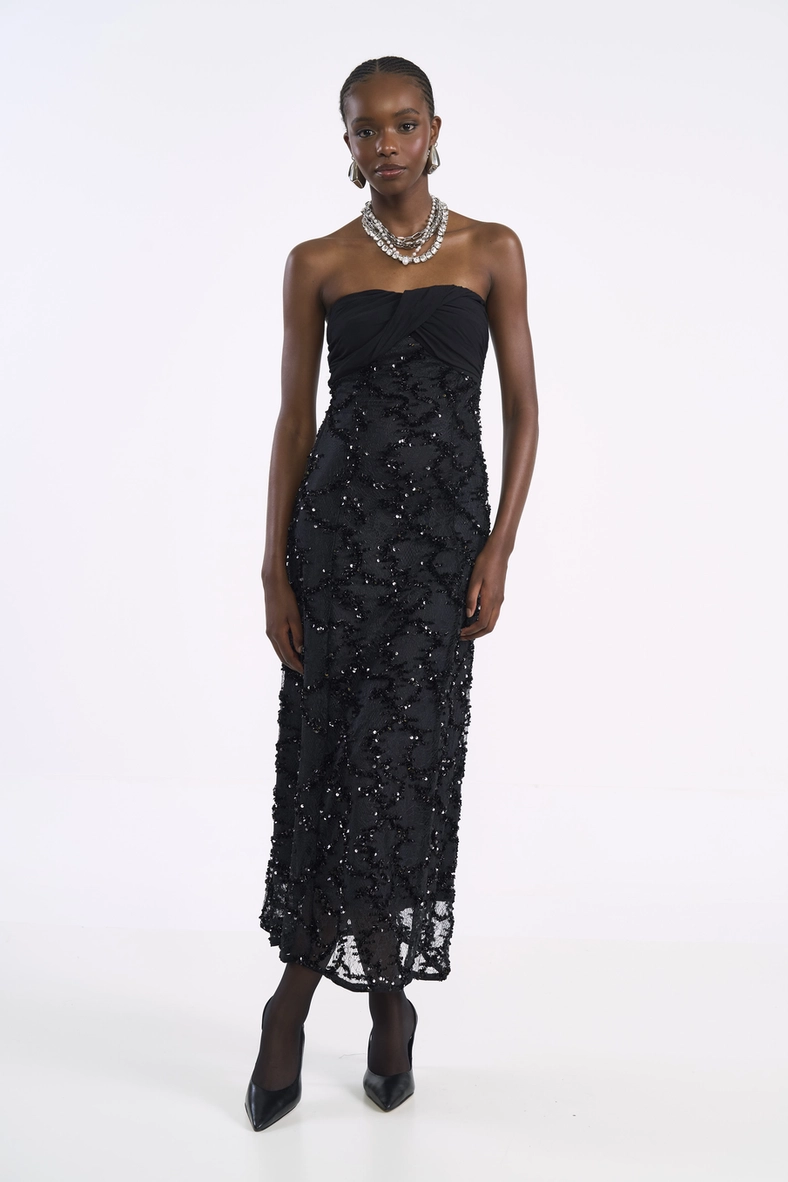 Vestido Midi Tomara Que Caia Com Renda Paetê