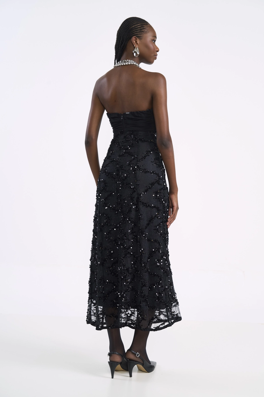 Vestido Midi Tomara Que Caia Com Renda Paetê Preto