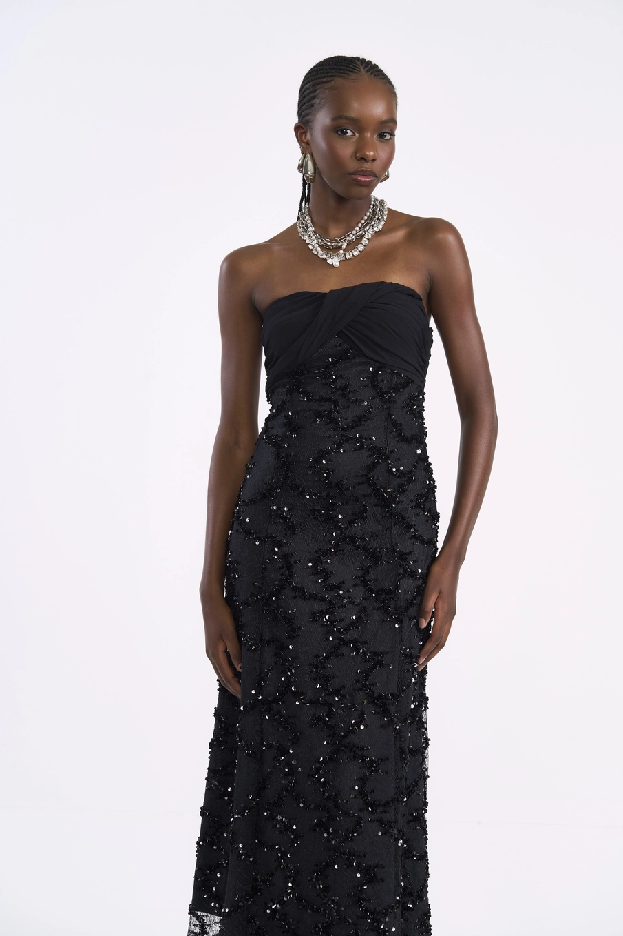 Vestido Midi Tomara Que Caia Com Renda Paetê Preto