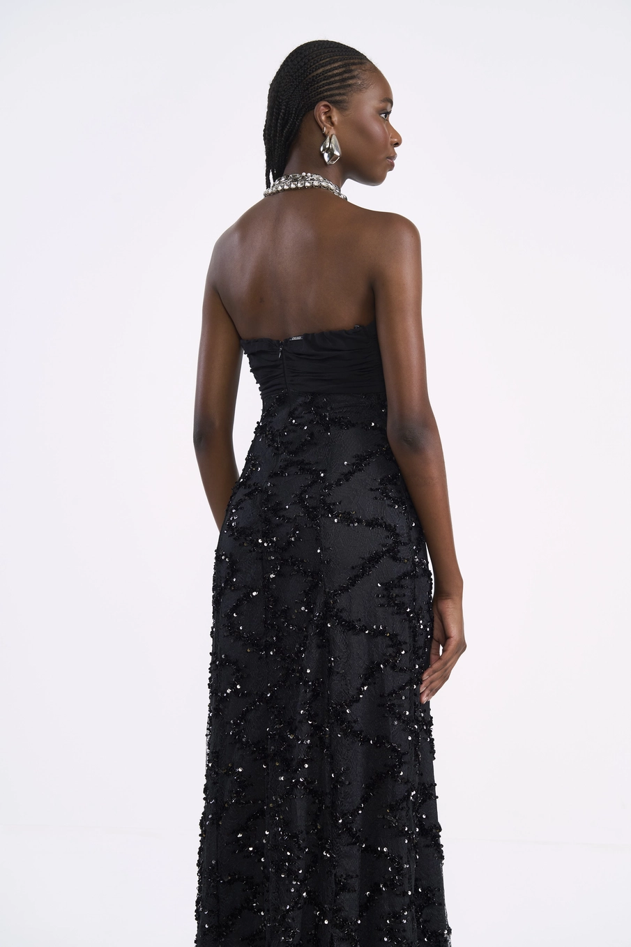 Vestido Midi Tomara Que Caia Com Renda Paetê Preto