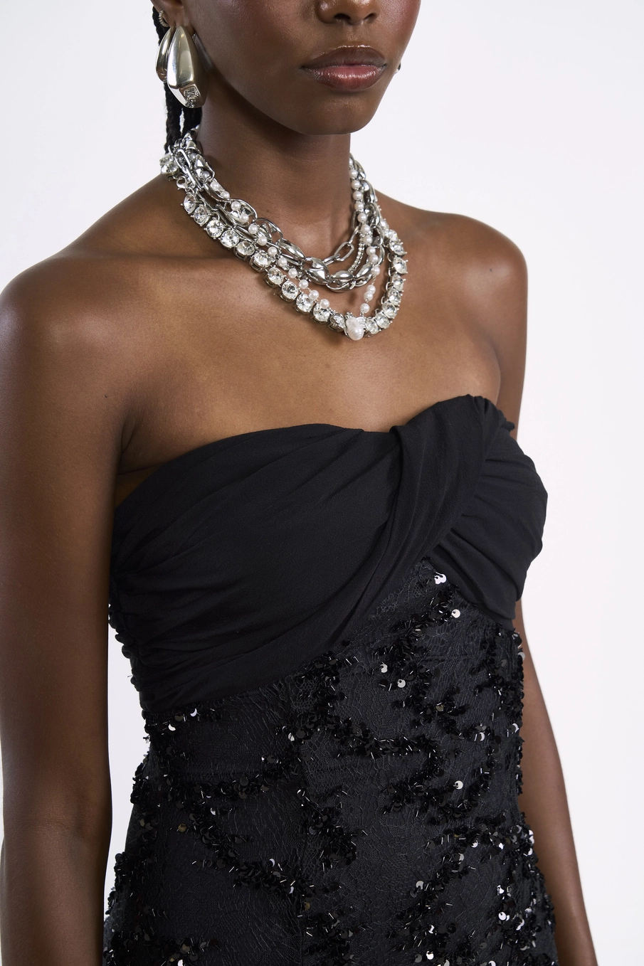 Vestido Midi Tomara Que Caia Com Renda Paetê Preto