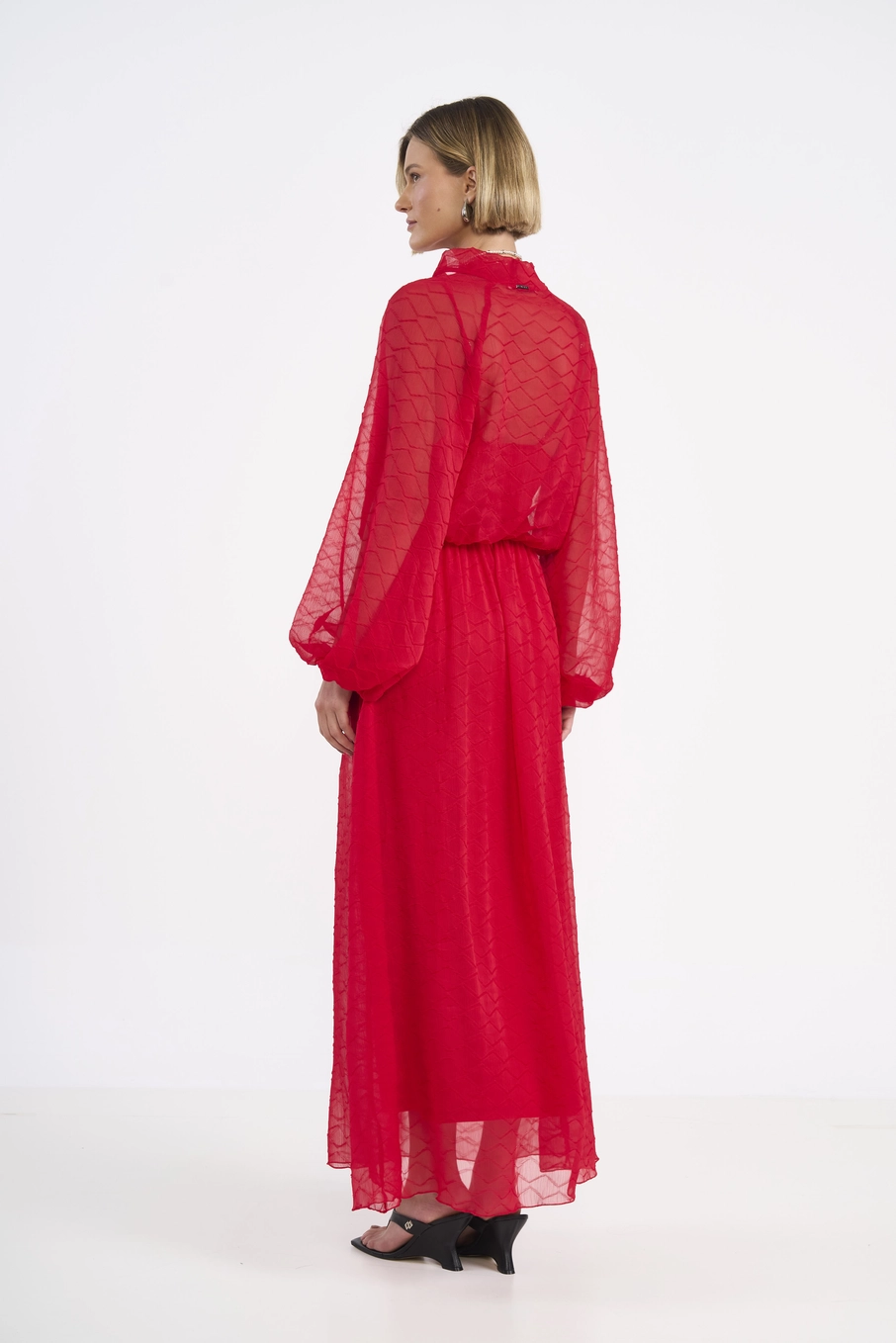 Vestido Longo Acinturado Manga Longa Vermelho