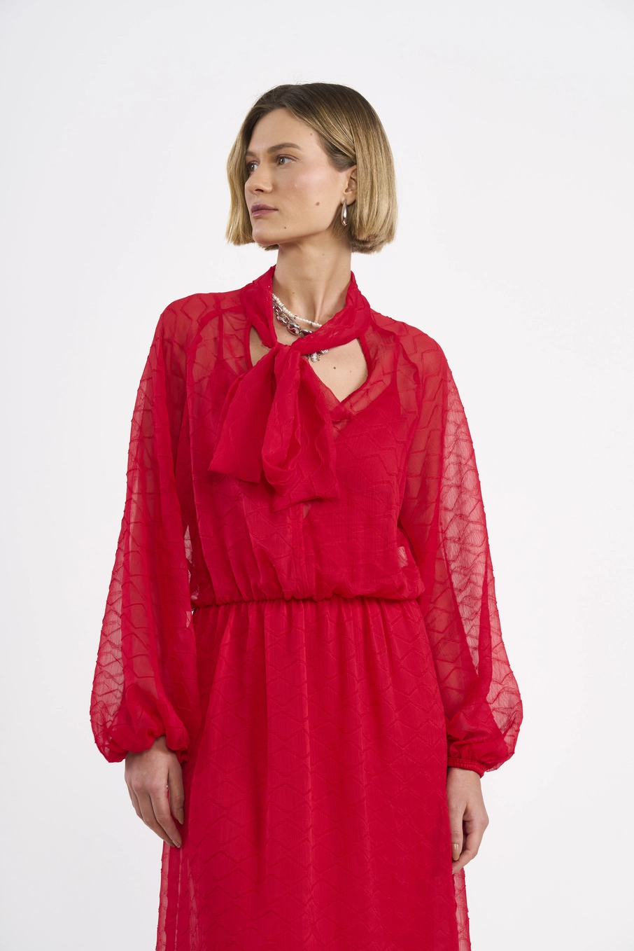 Vestido Longo Acinturado Manga Longa Vermelho