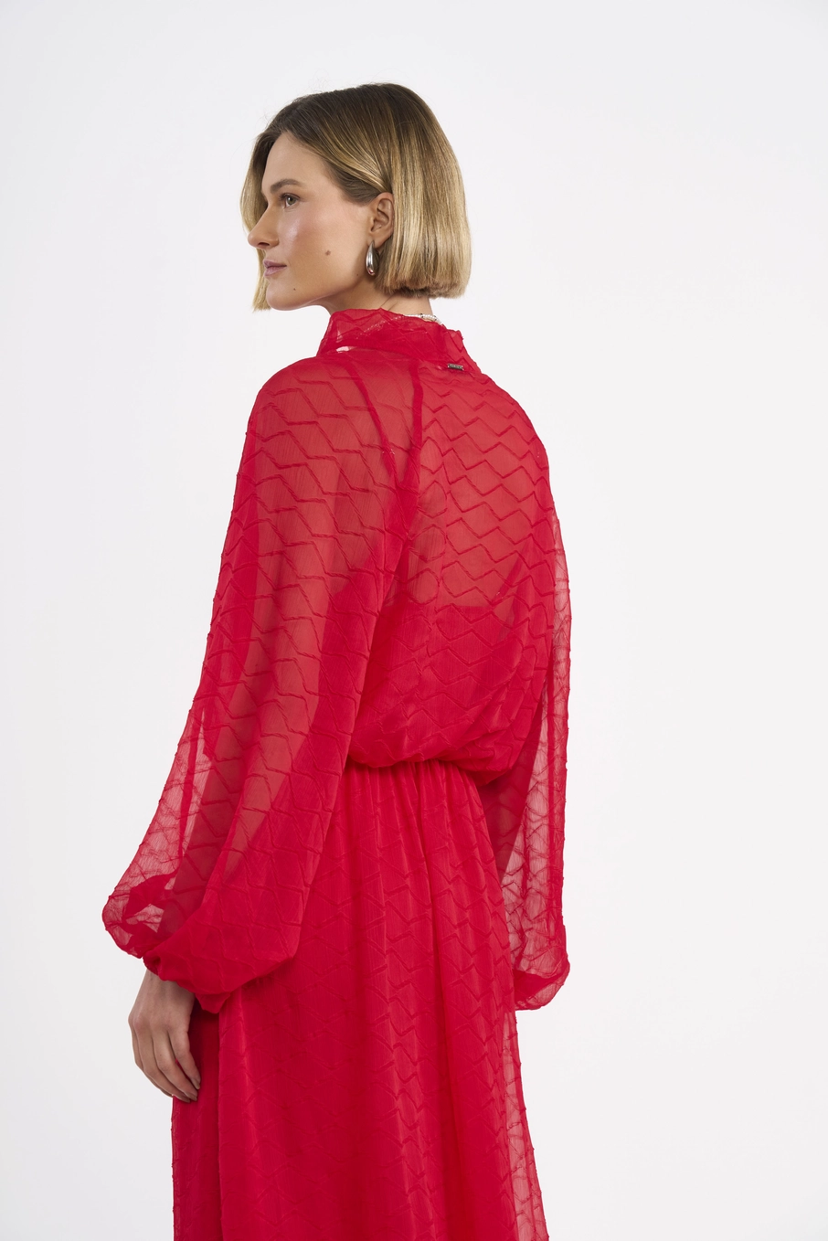 Vestido Longo Acinturado Manga Longa Vermelho