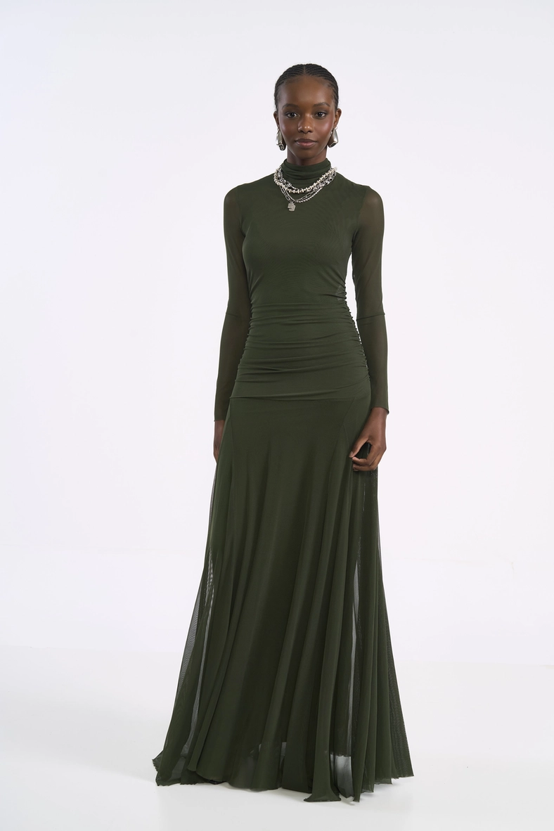 Vestido Longo Em Tule Com Franzido