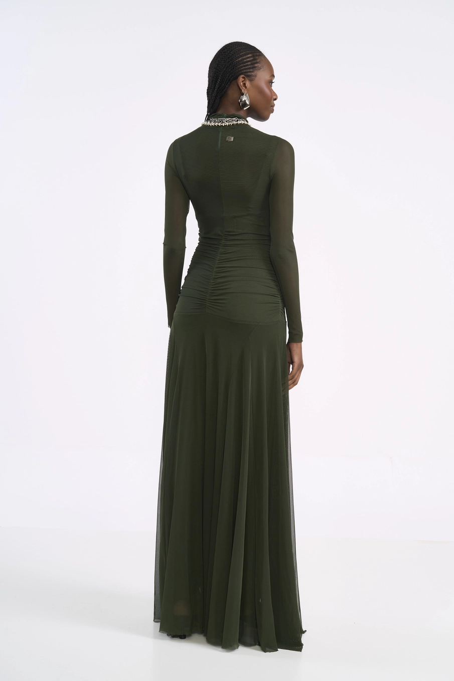 Vestido Longo Em Tule Com Franzido Verde