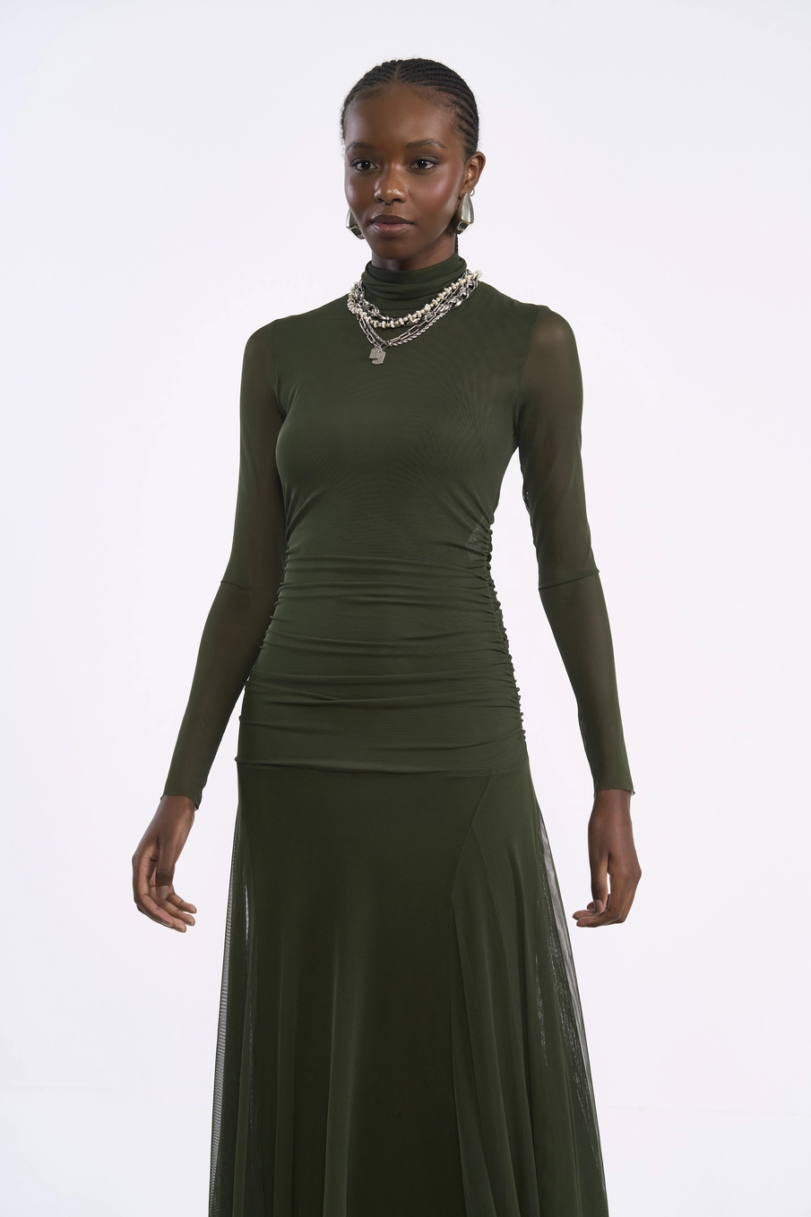 Vestido Longo Em Tule Com Franzido Verde