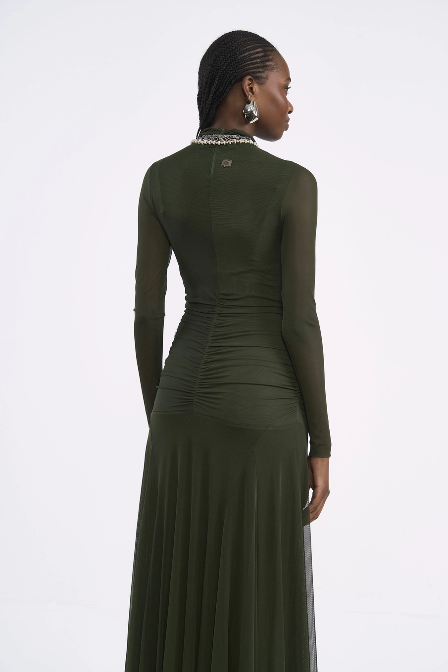 Vestido Longo Em Tule Com Franzido Verde