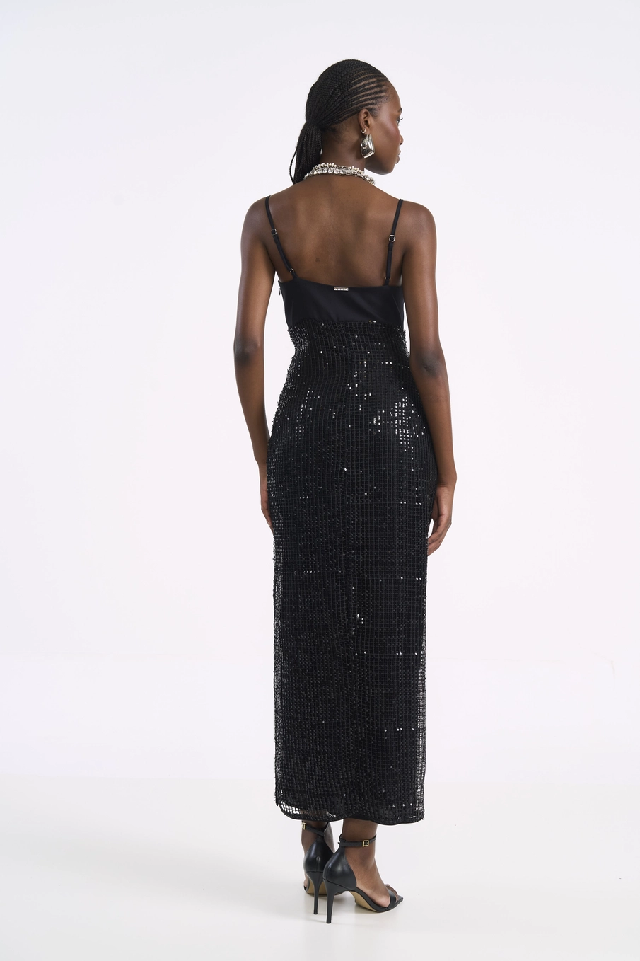Vestido Reto Midi Paetê Preto