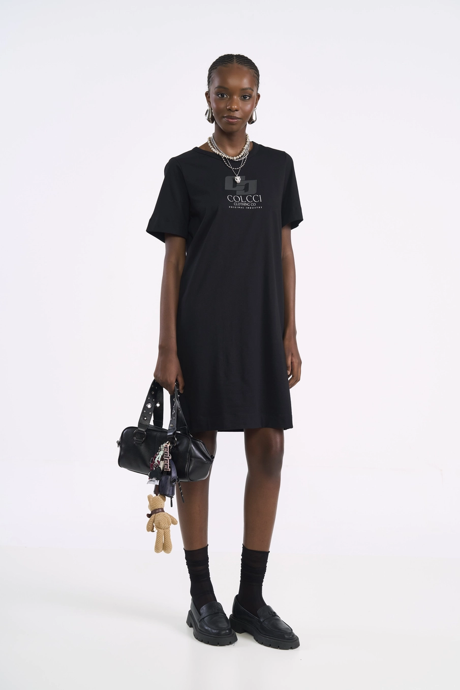 Vestido T-shirt Com Estampa Frontal Preto