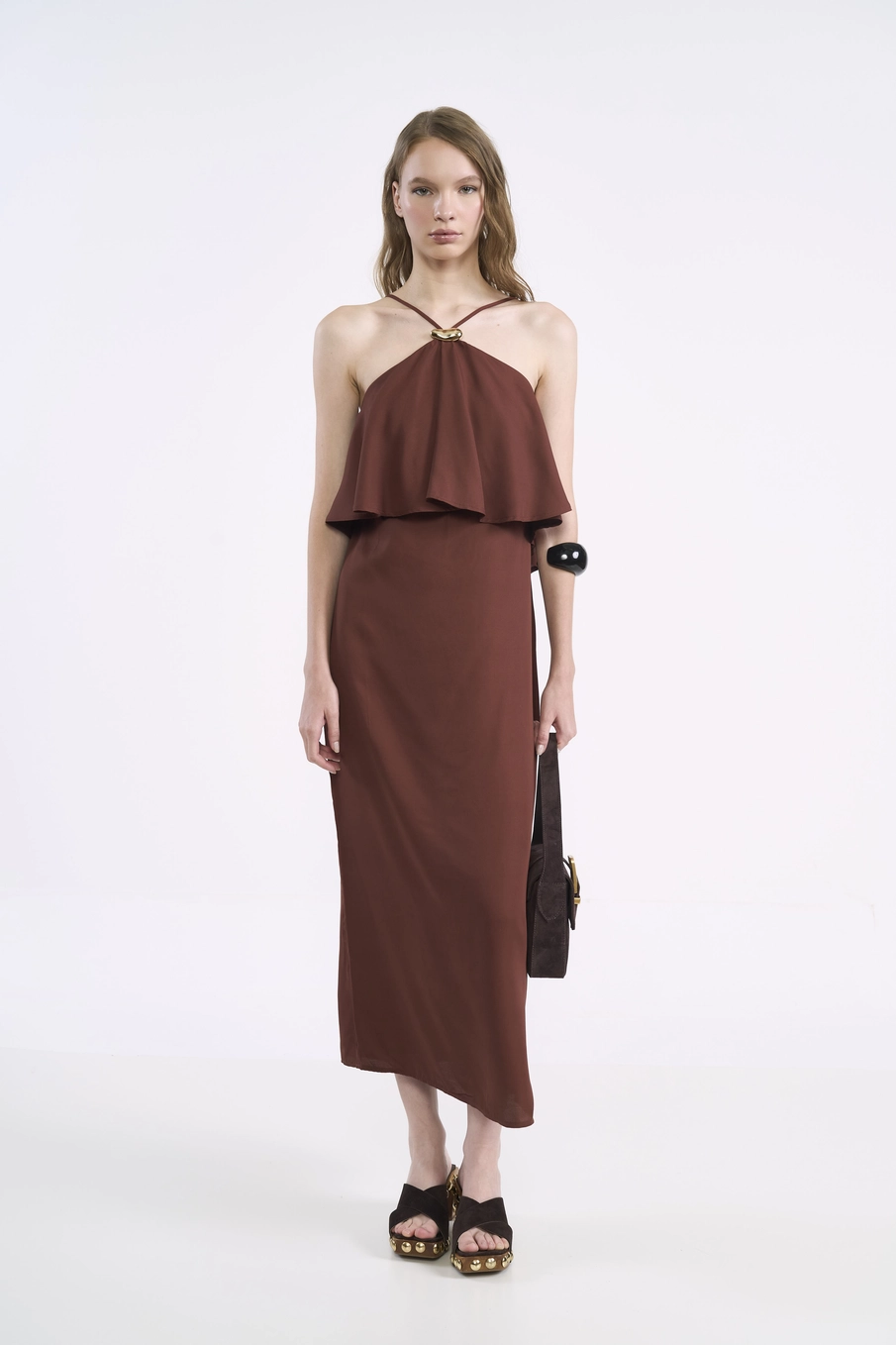 Vestido Midi Ajustado Com Babado Sobreposto Marrom