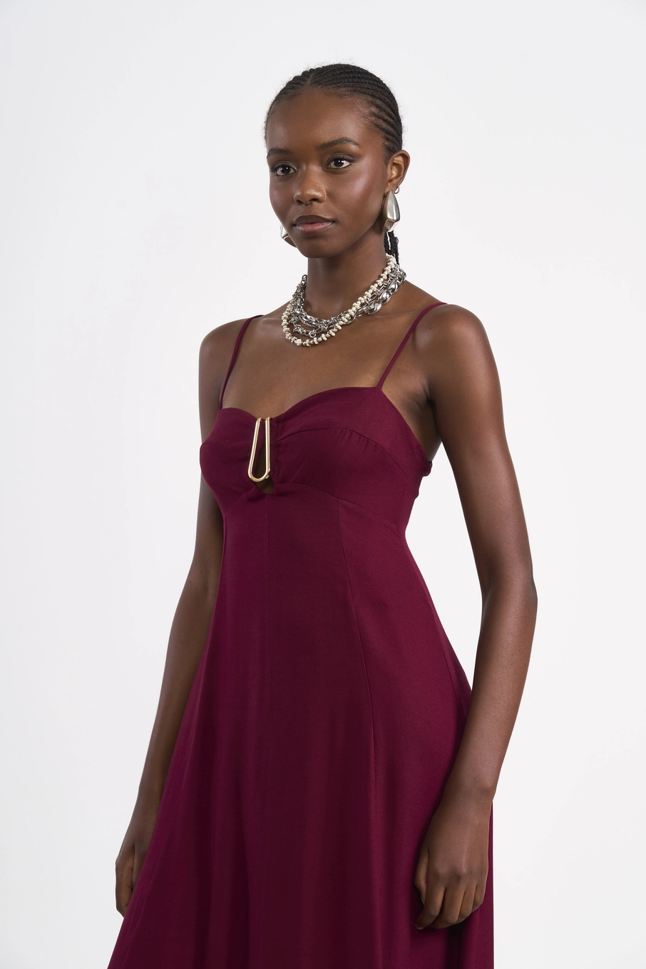 Vestido Longo Metal Detail Bordô
