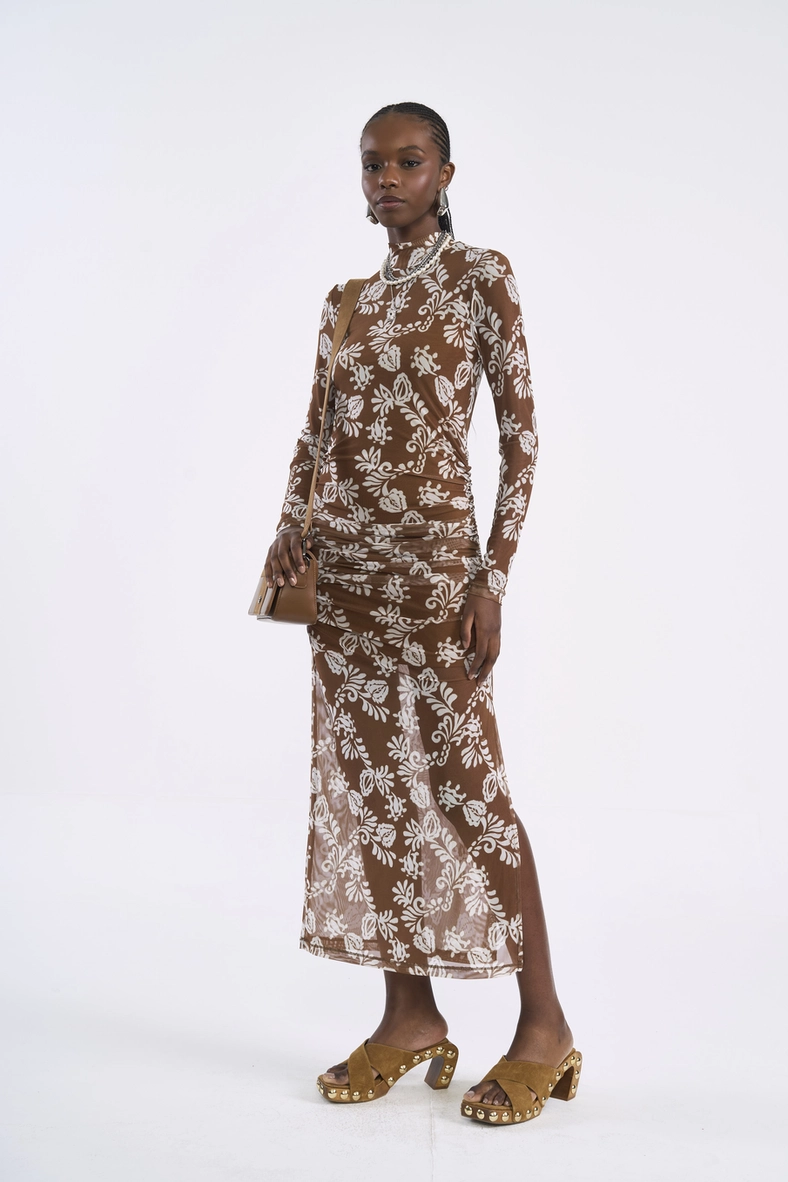Vestido Midi Slim Em Tule Estampado