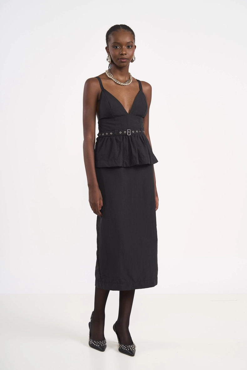 Vestido Midi Em Nylon Com Cinto E Sobreposição