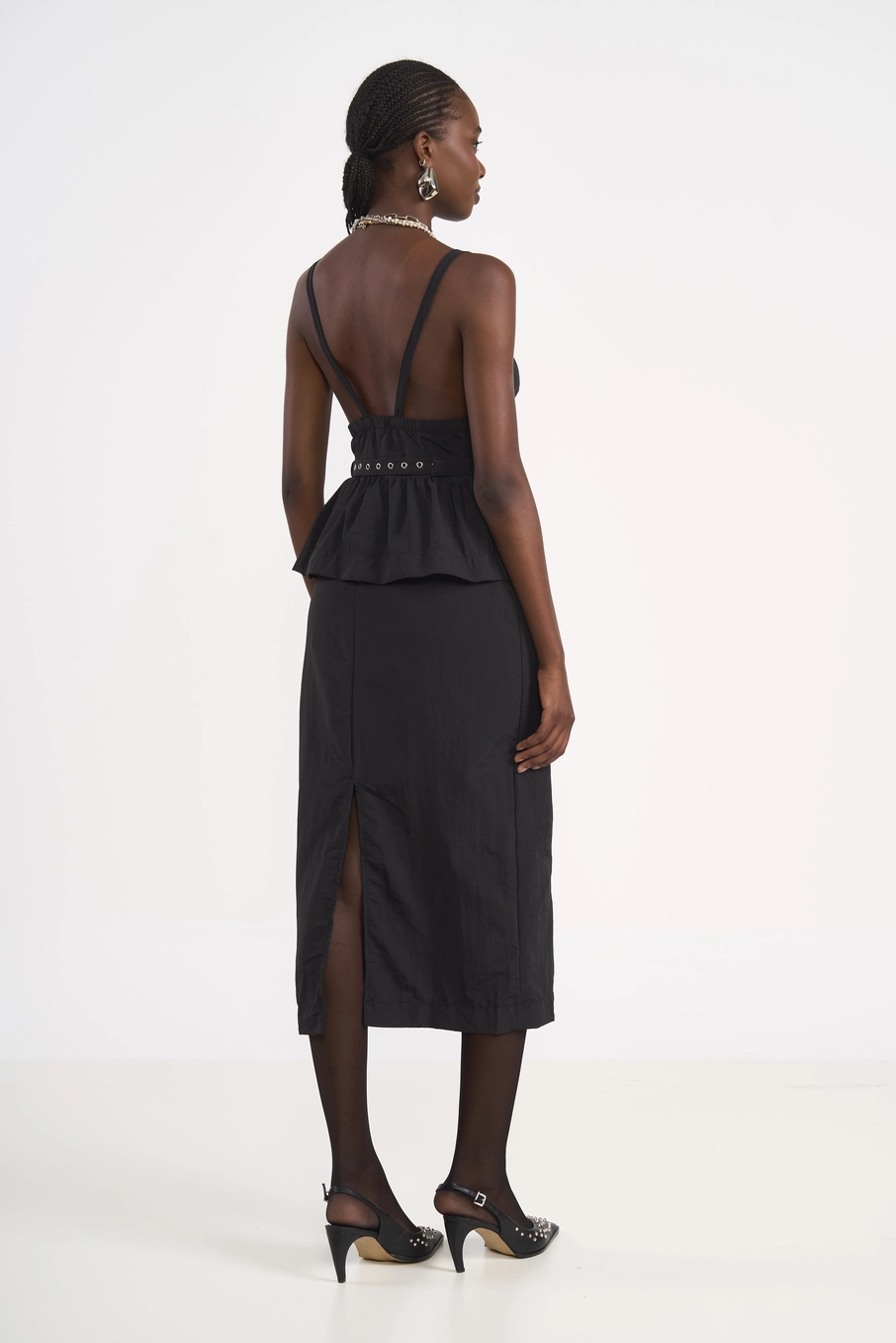 Vestido Midi Em Nylon Com Cinto E Sobreposição Preto