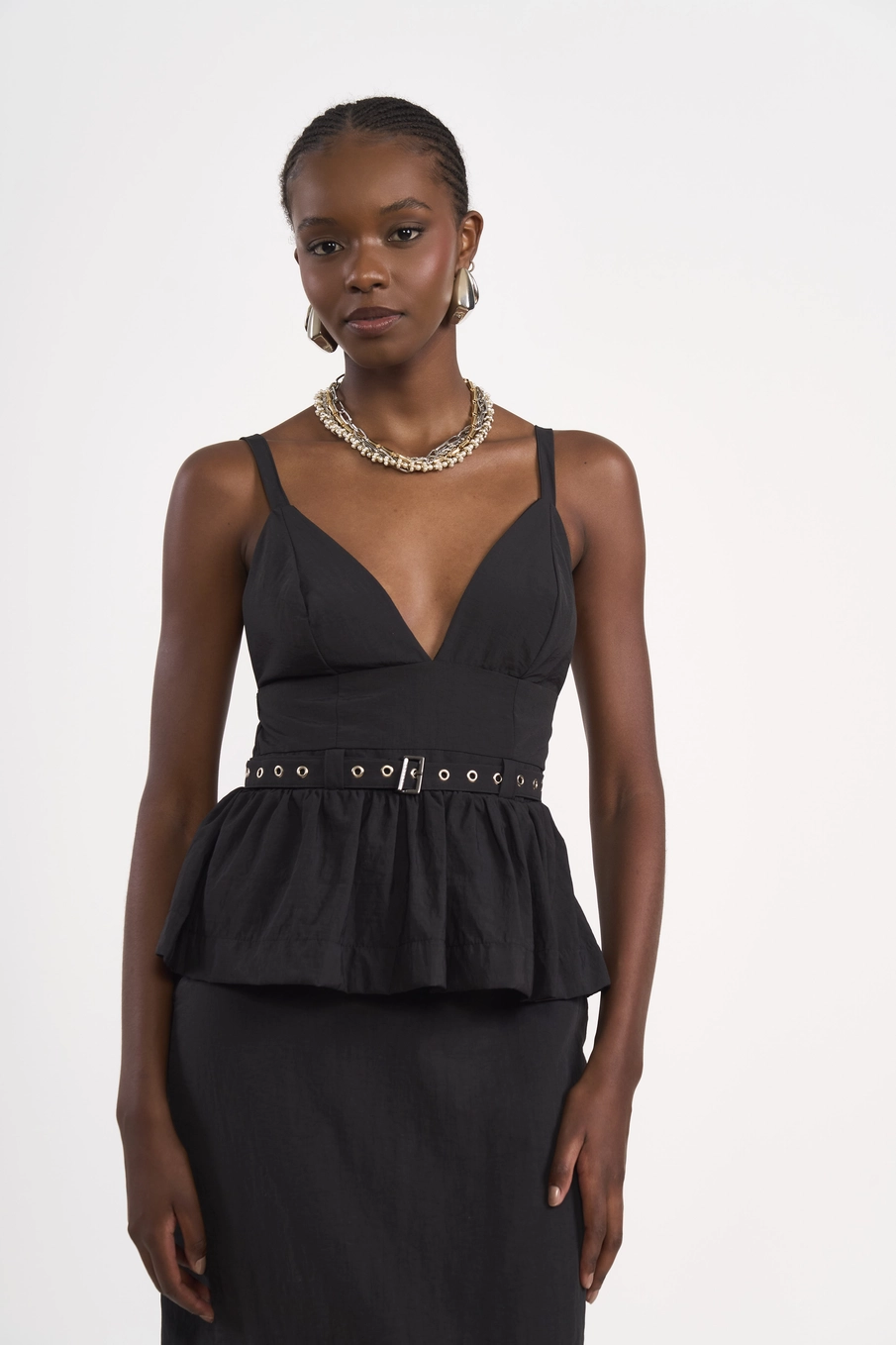 Vestido Midi Em Nylon Com Cinto E Sobreposição Preto