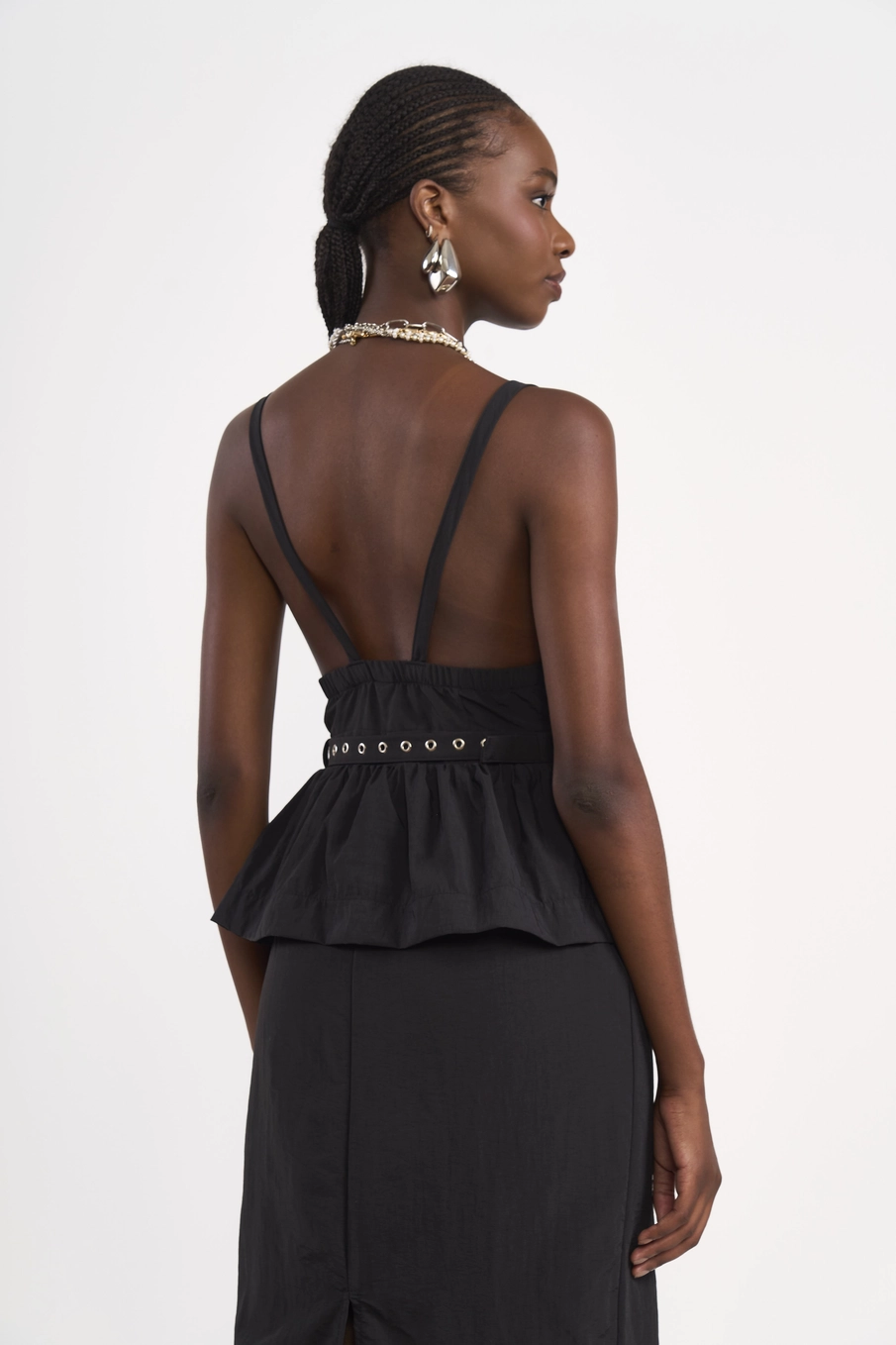Vestido Midi Em Nylon Com Cinto E Sobreposição Preto