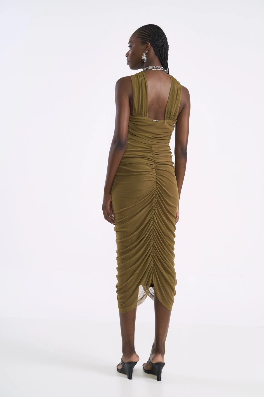 Vestido Midi Em Tule Drapeado Com Transpasse Marrom